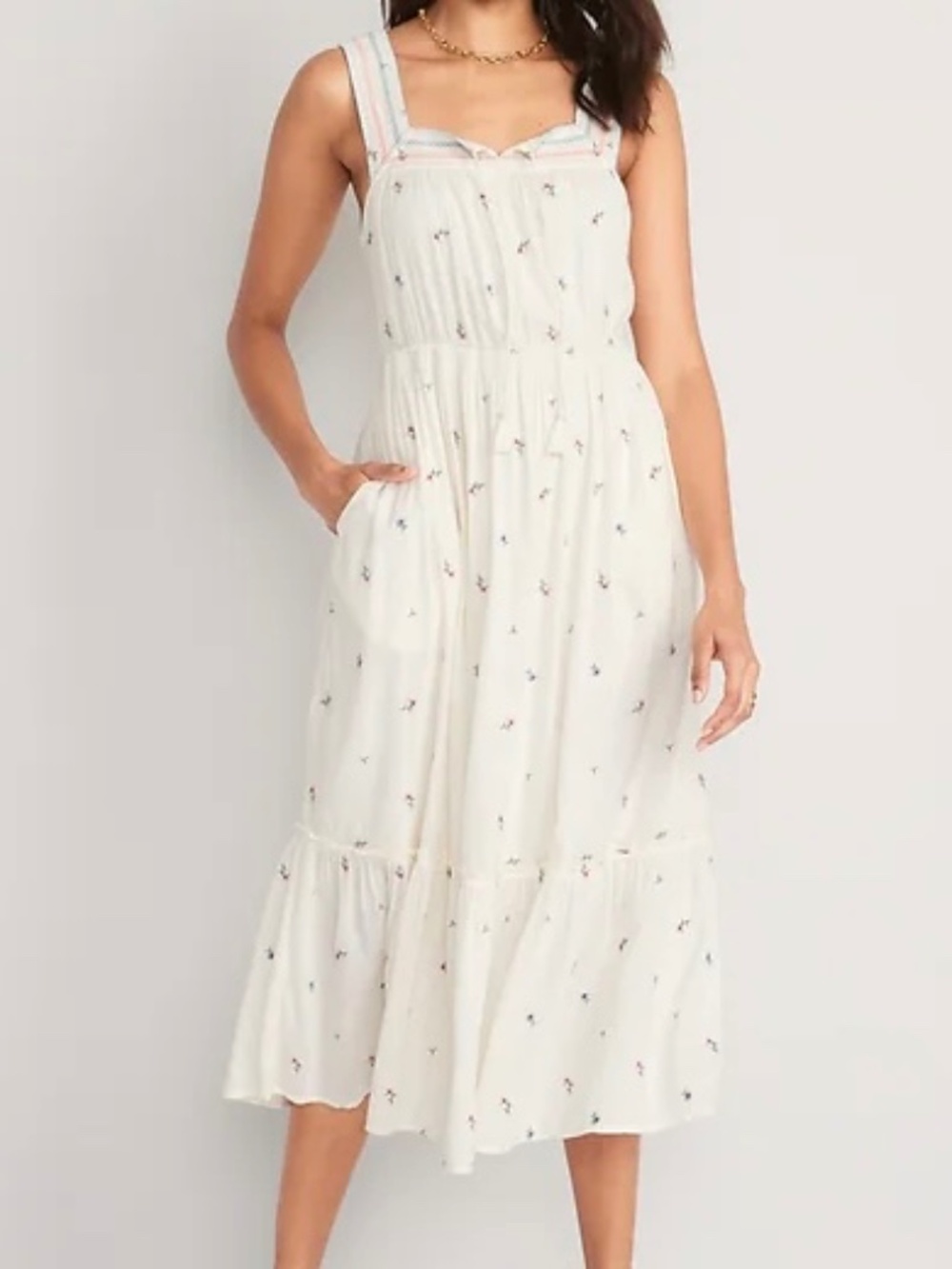 Old Navy Women's XL Sleeveless Embroidered Maxi Dress Floral Tiered Cream Boho